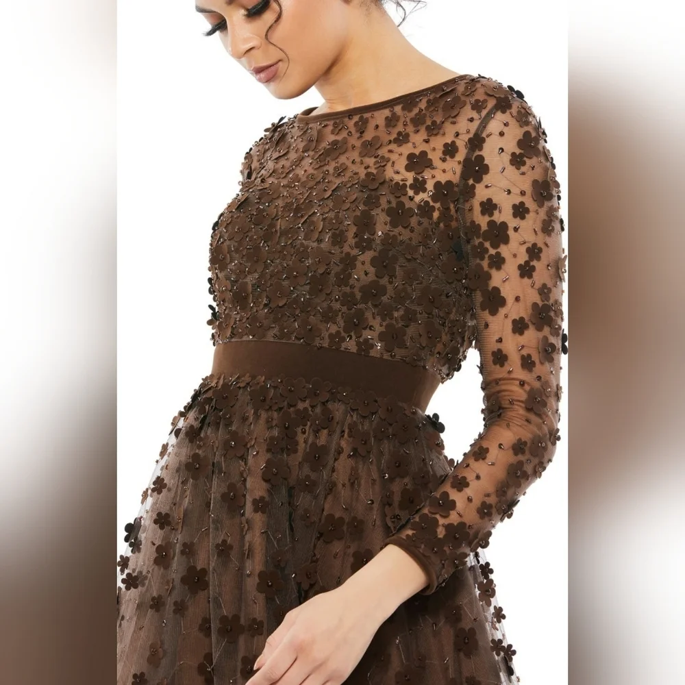Mac Duggal Long Sleeve Fit & Flare Velvet Embellished Brown Floral Dress sz 2 - Picture 3 of 14